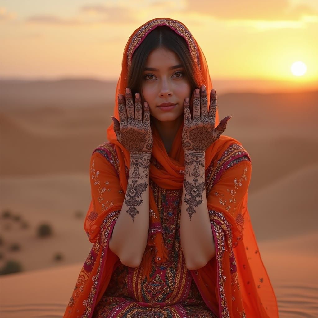 Henna Woman in Desert Sunset: Dreamy Ethereal Art