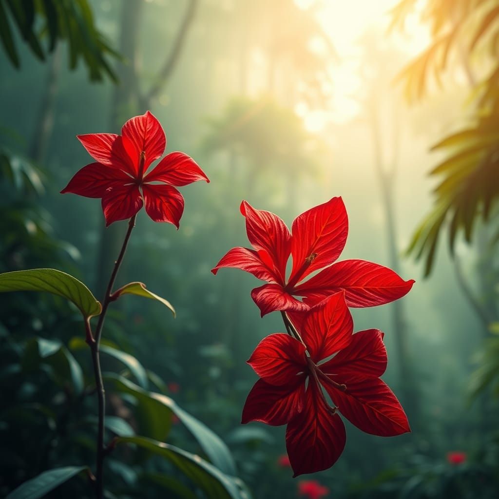 Red Flower in Rainforest: Digital Matte Painting