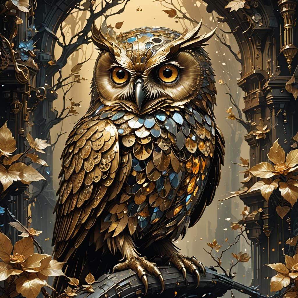 Crystallized Brass Owl in Detailed Matte Painting