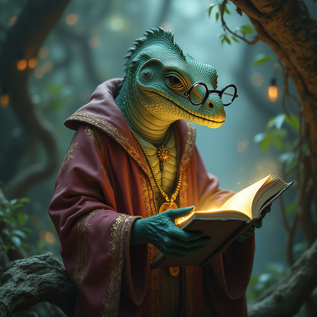 Wise Lizardman Scholar in Ethereal Setting