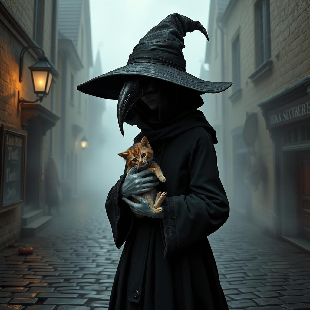 Plague Doctor with Kitten in Dark Fantasy Realism