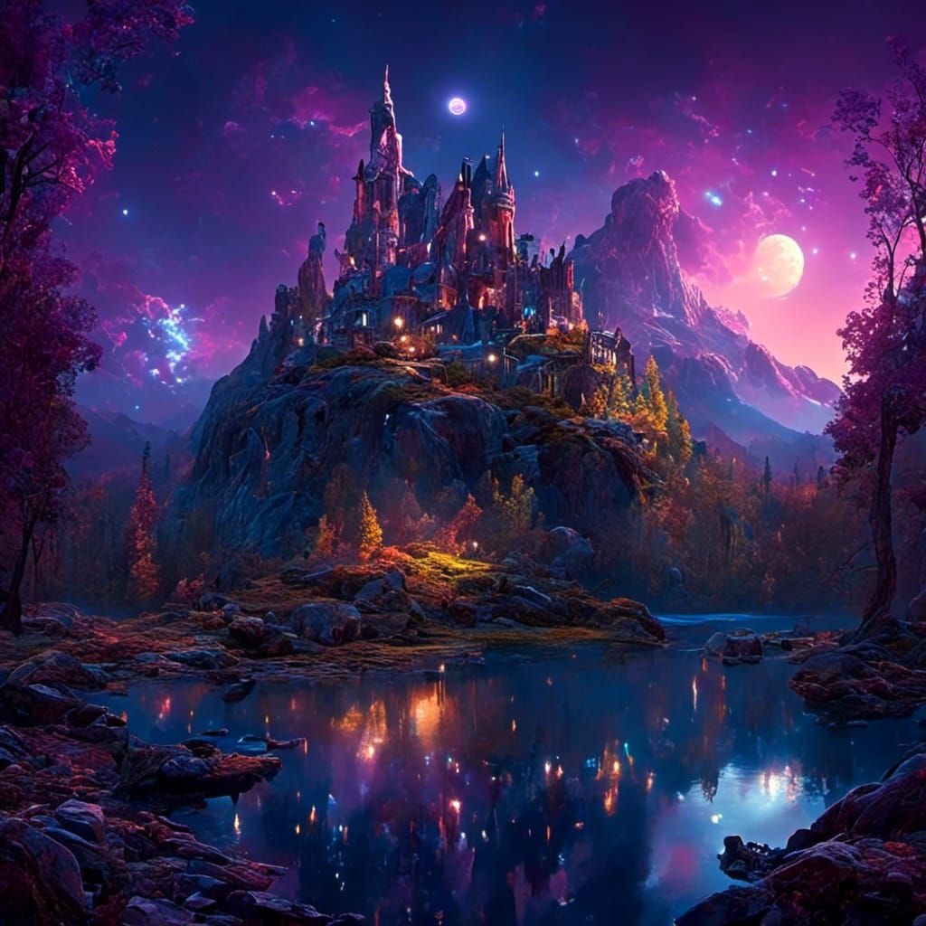 Ethereal Starlit Castle Overlooking a Moonlit Lake