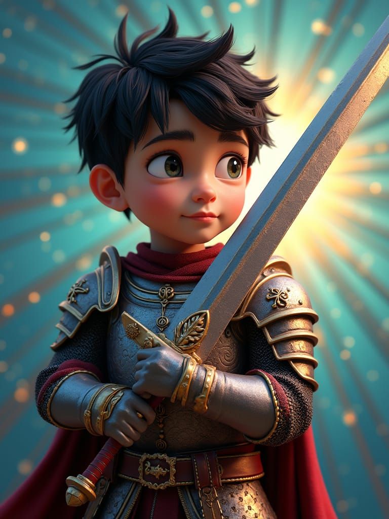 Medieval Knight Boy Wields Towering Sword in Vibrant 3D Art