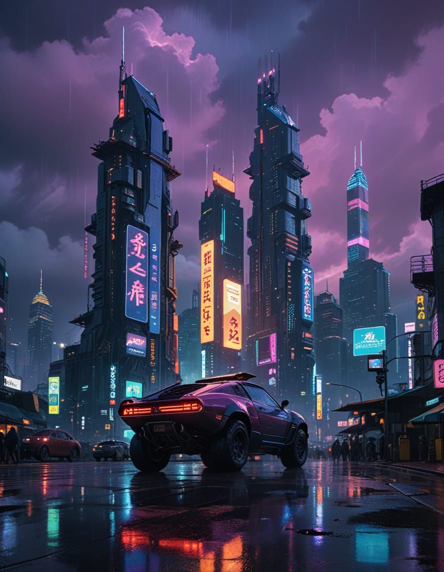 Cyberpunk Cityscape at Night with Neon Lights and Flying Car...