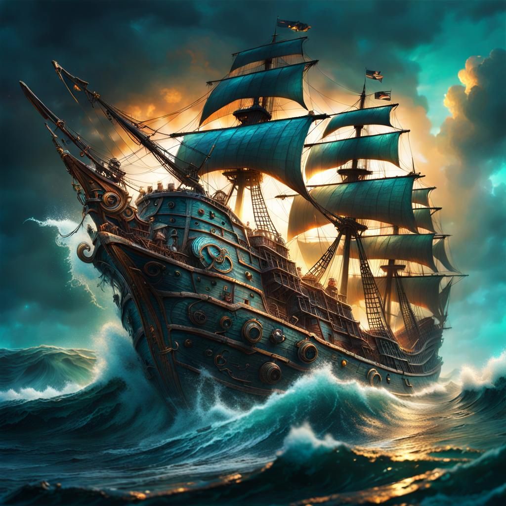 Microscopic Pirate Ship on Ethereal Glowing Waves