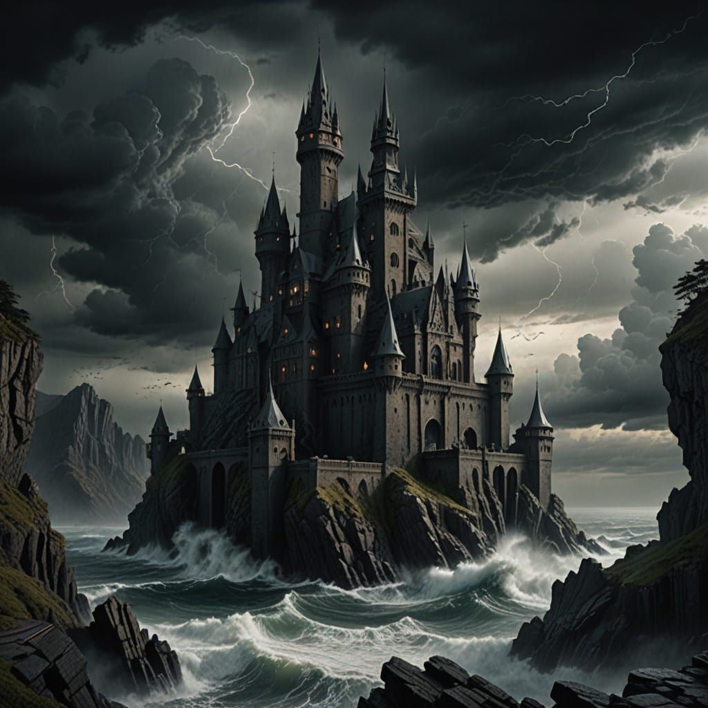 Gothic Castle on Stormy Cliff: Dark Fantasy Concept Art