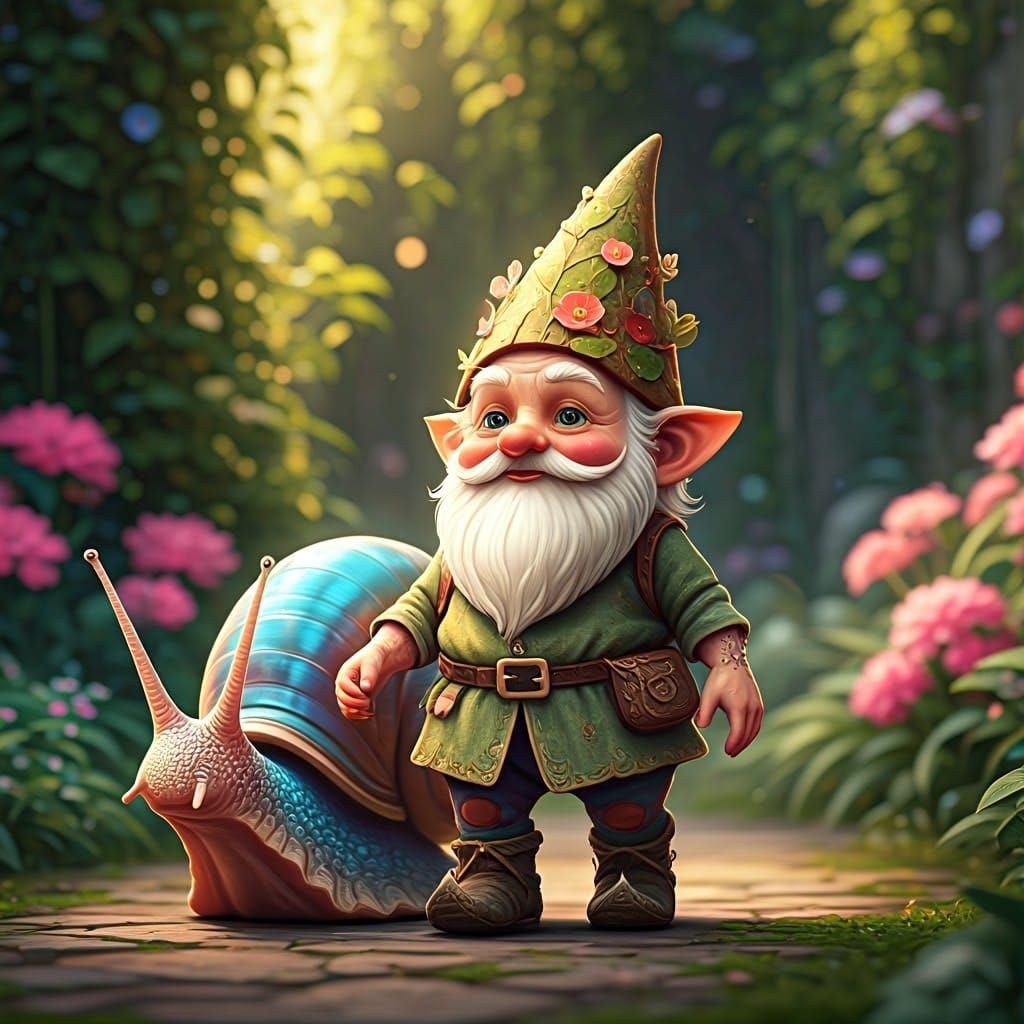Gnome and Giant Snail in Whimsical Anime Style