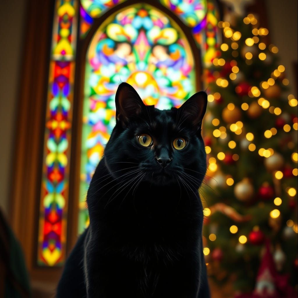 Majestic Black Cat at Stained Glass Window with Christmas Tr...