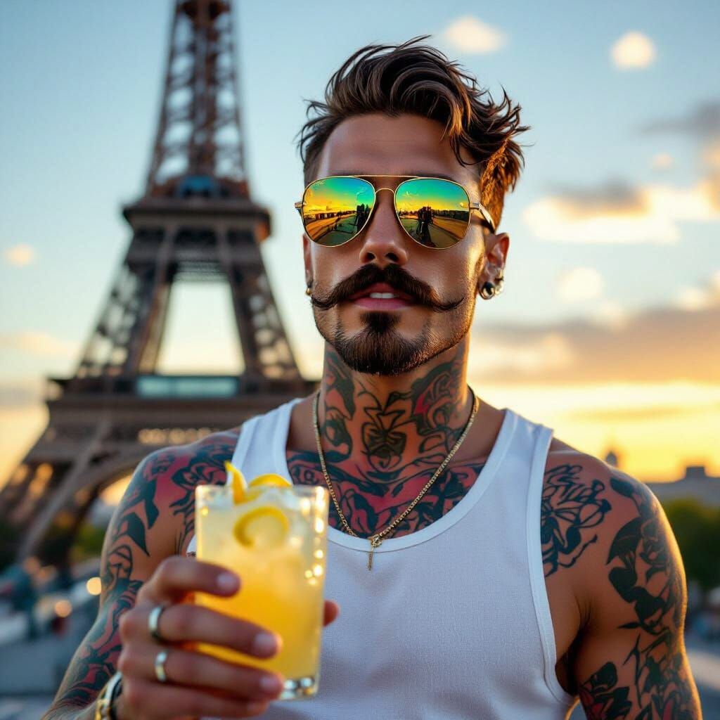 Skater with Cocktail at Eiffel Tower in Hyper-Realism