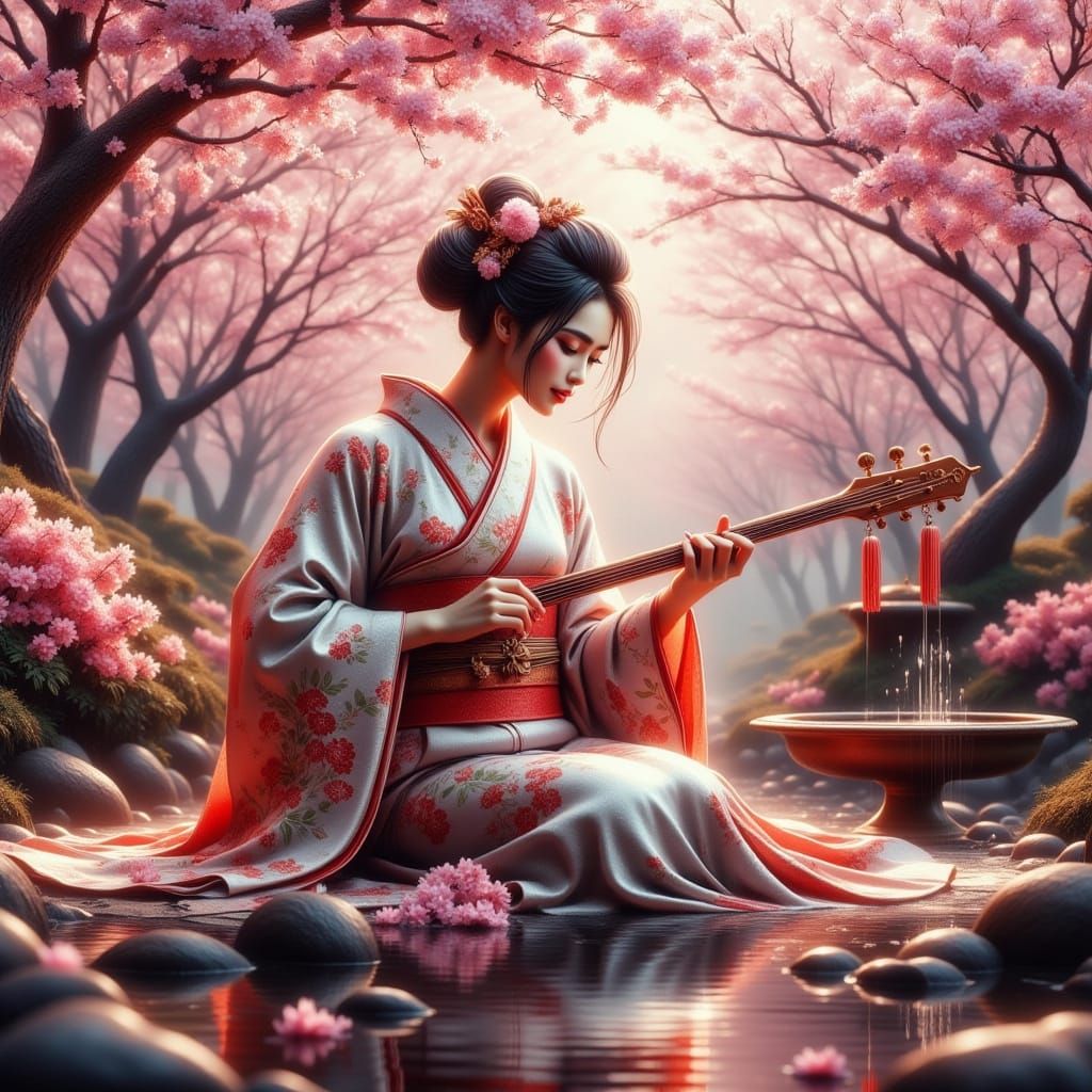 Hyperrealistic Geisha in Cherry Blossom Paradise