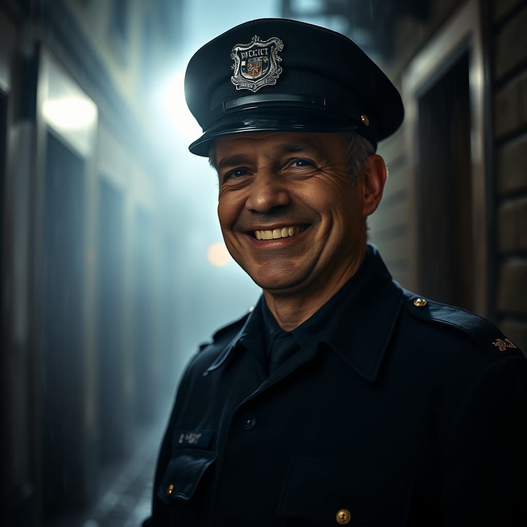Smiling Policeman in Rainy Alleyway: Hyperrealistic HDR Phot...