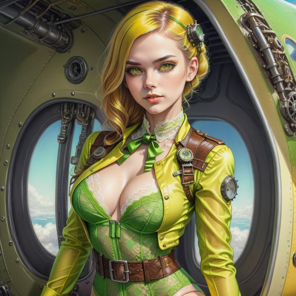 Steampunk Woman on Jet Plane in Color Pencil Art