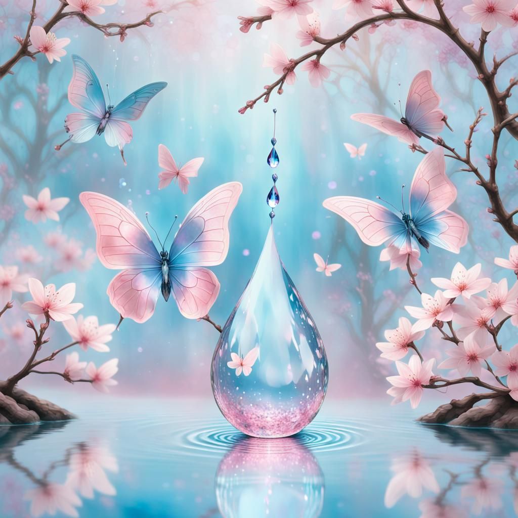 Opalescent Crystal Water Drop with Butterflies