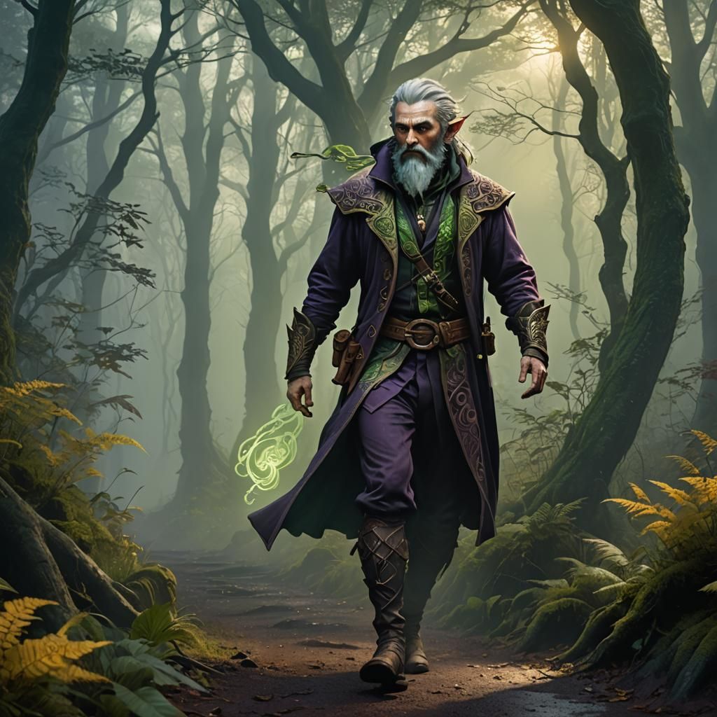 Half Elf in Misty Forest with Green Magic
