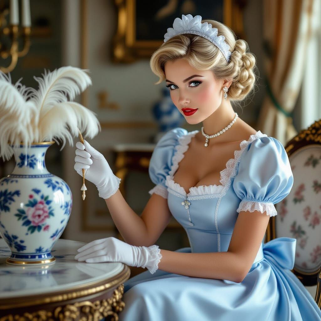 Elegant Maid with Feathered Duster in Lavish Setting