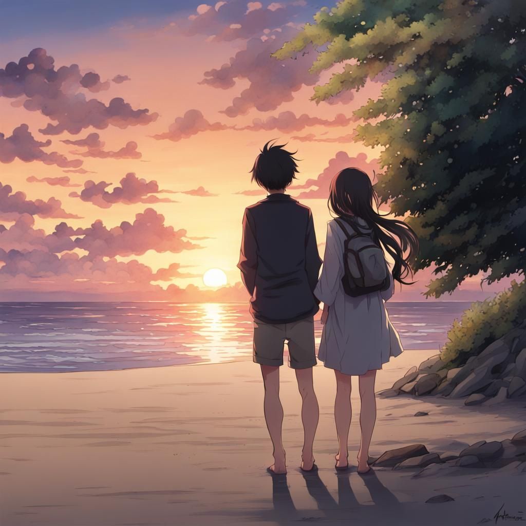 Anime Sunset: Two Figures on a Tropical Beach
