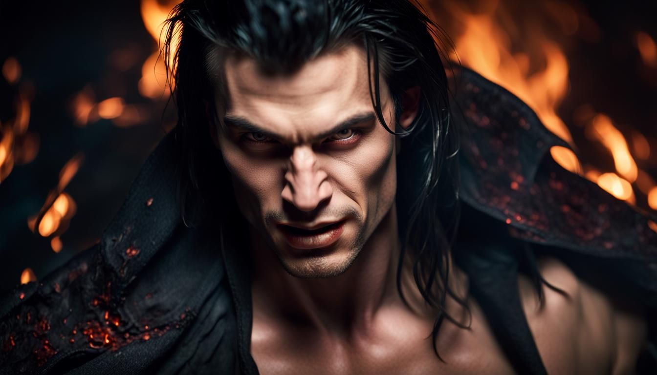 Sinister Vampire in Flames: Photorealistic Portrait