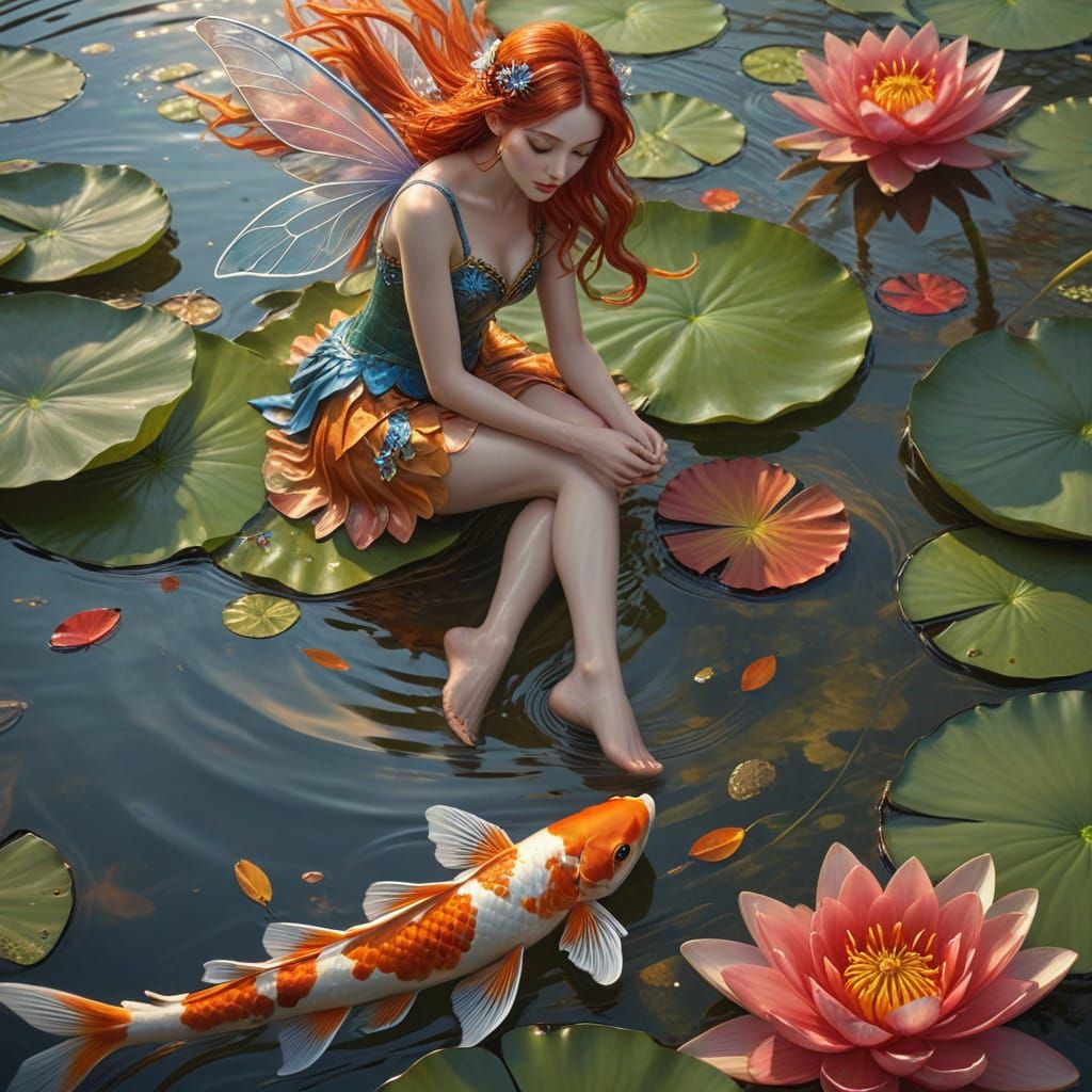 Red-Haired Fairy on Lily Pad with Koi Fish