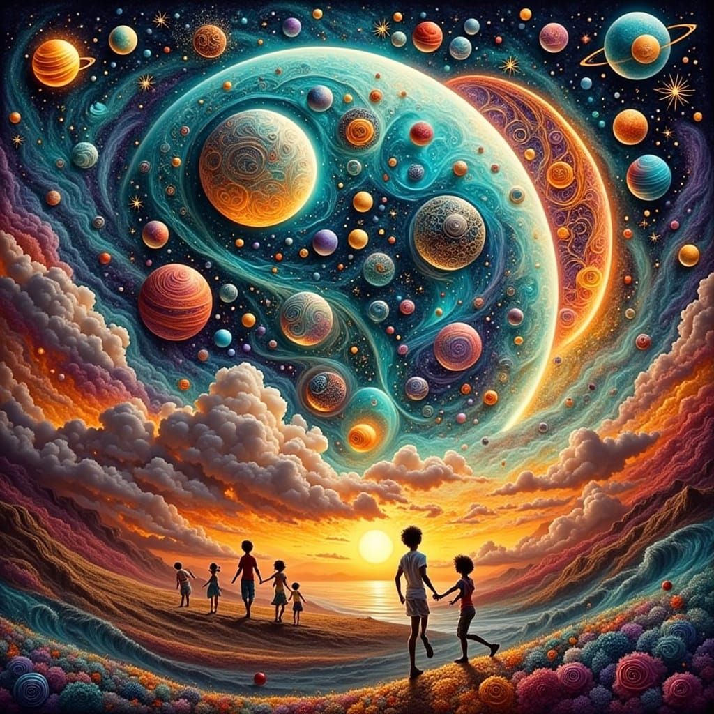 Whimsical Creatures Explore Giant Planets in Cosmic Wonder