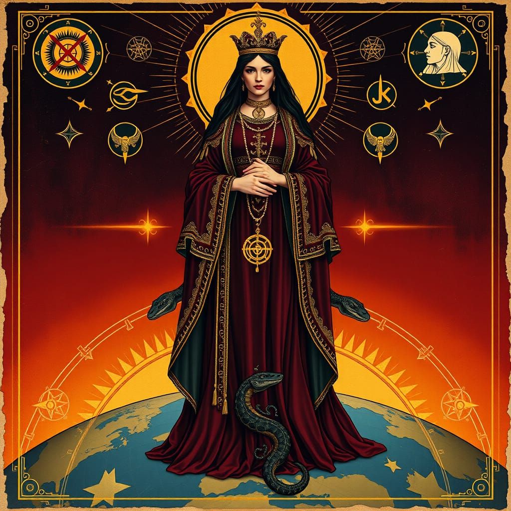 Divine Queen on Flat Earth in Art Nouveau Style