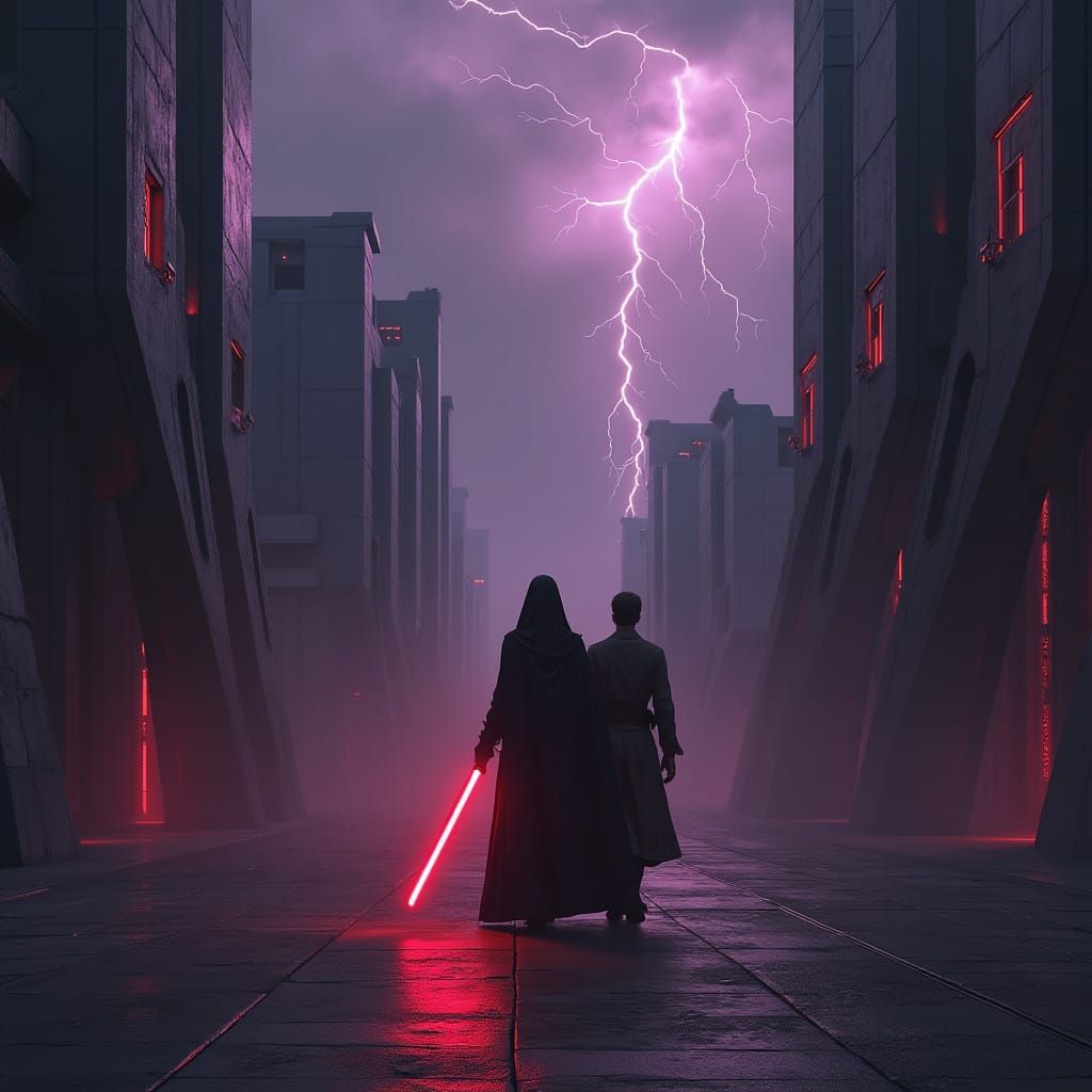 Dark Sith Lady Walks Towards a Young Jedi in Austere Citysca...