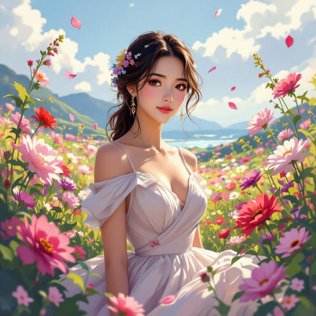 Elegant Lady Surrounded by Flowers in Painterly Style