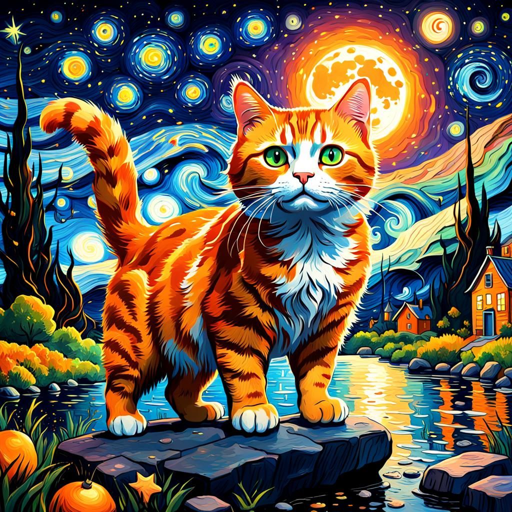 Orange Cartoon Cat in Starry Night Impasto Painting