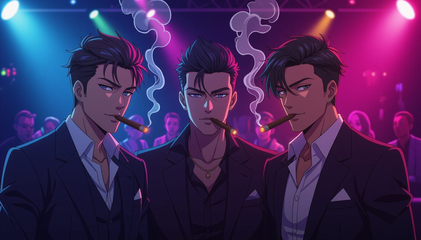 Anime Nightclub Scene with Stylish Cigar Smokers