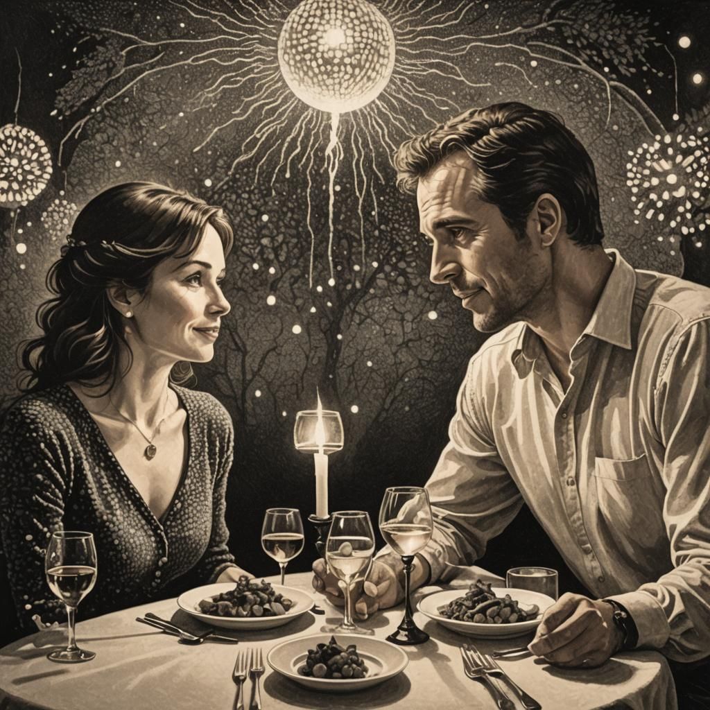 Romantic Dinner in Kinetic Pointillism Style