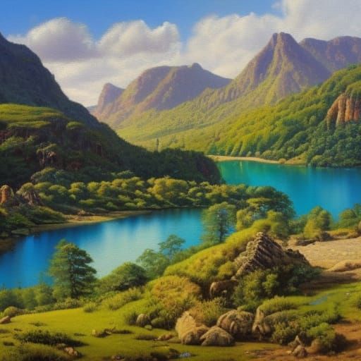Valley with Crystal Waters, Ruined Castle as Oil Painting