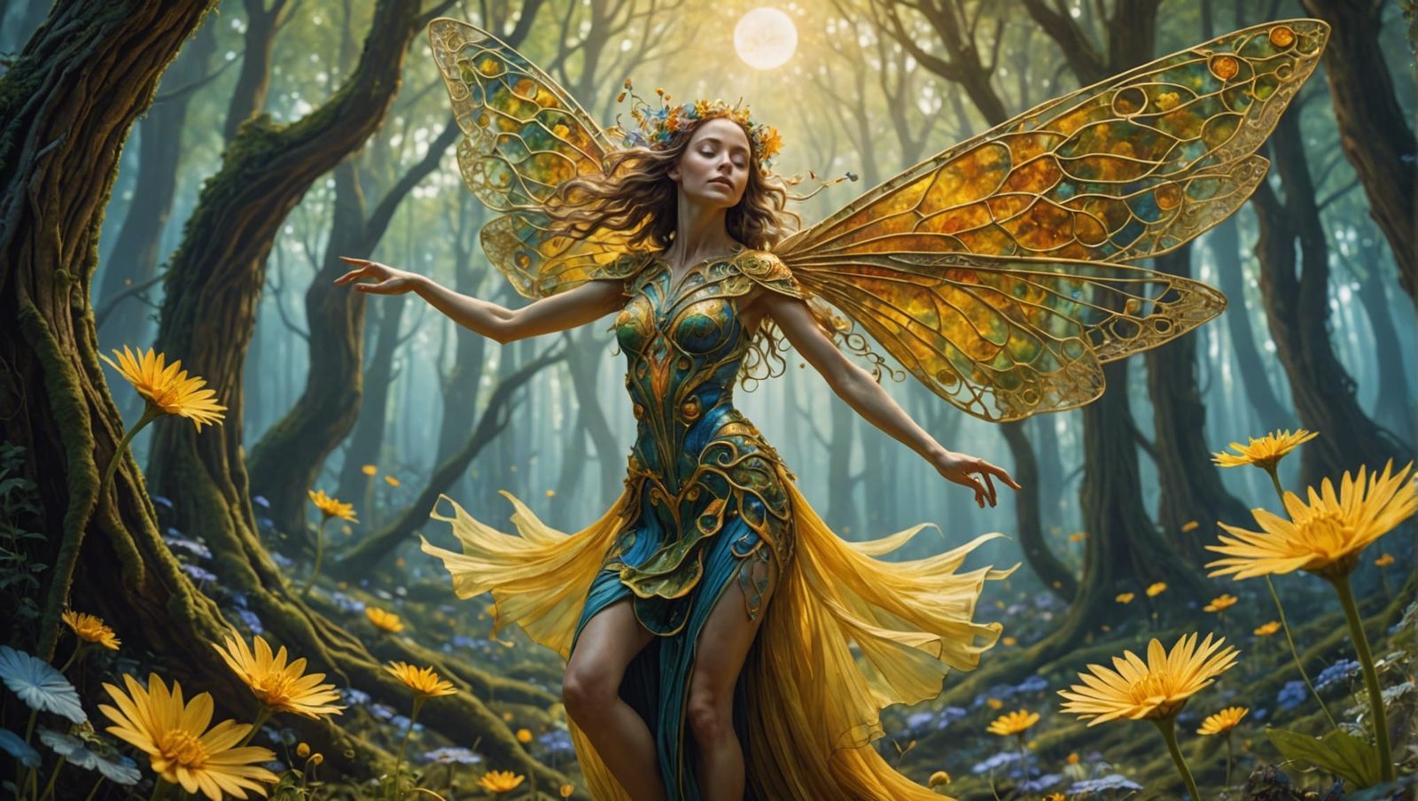 Woman Dancing in Surreal Sun and Moon Flower