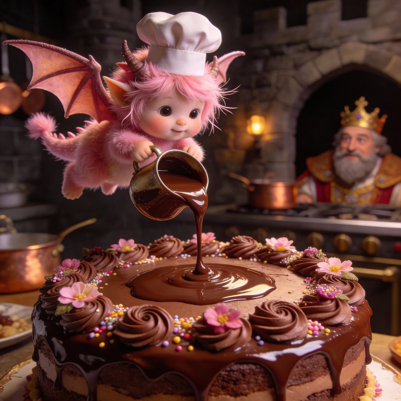 Cute Dragon Chef Pours Chocolate on Cake