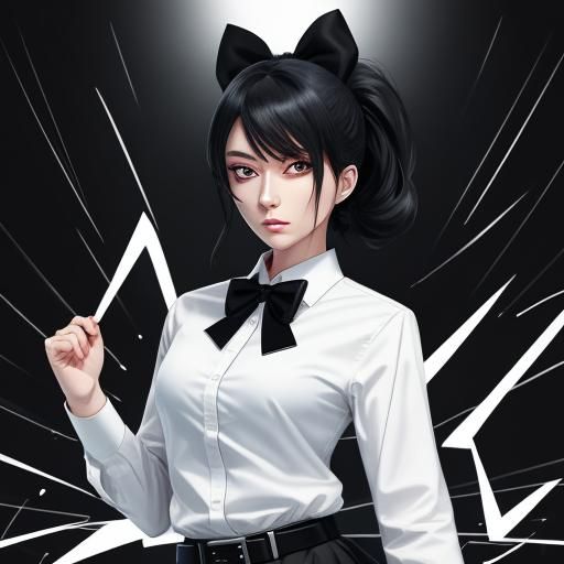 Anime Woman in Black Dress Shirt, Cel-Shaded Style