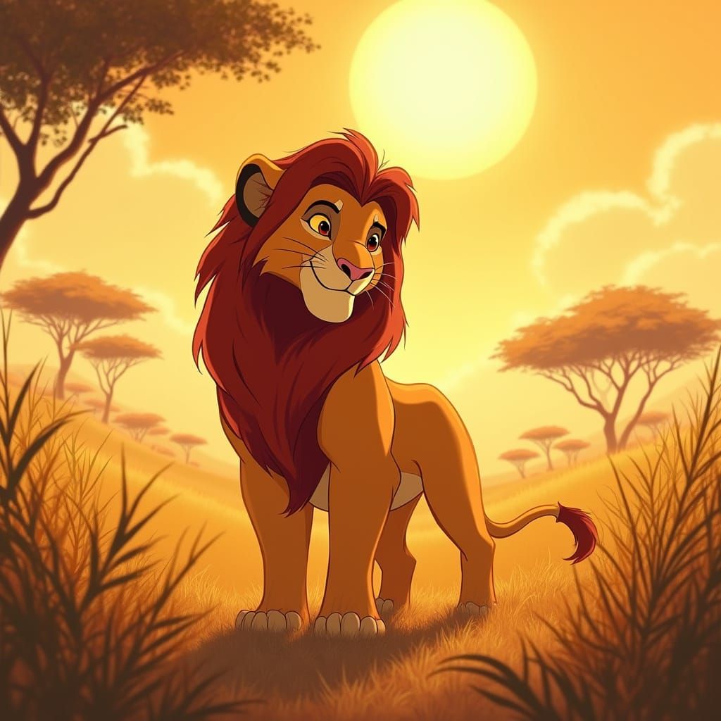 Regal Lion Prince Reigns Over Vibrant Savannah Landscape