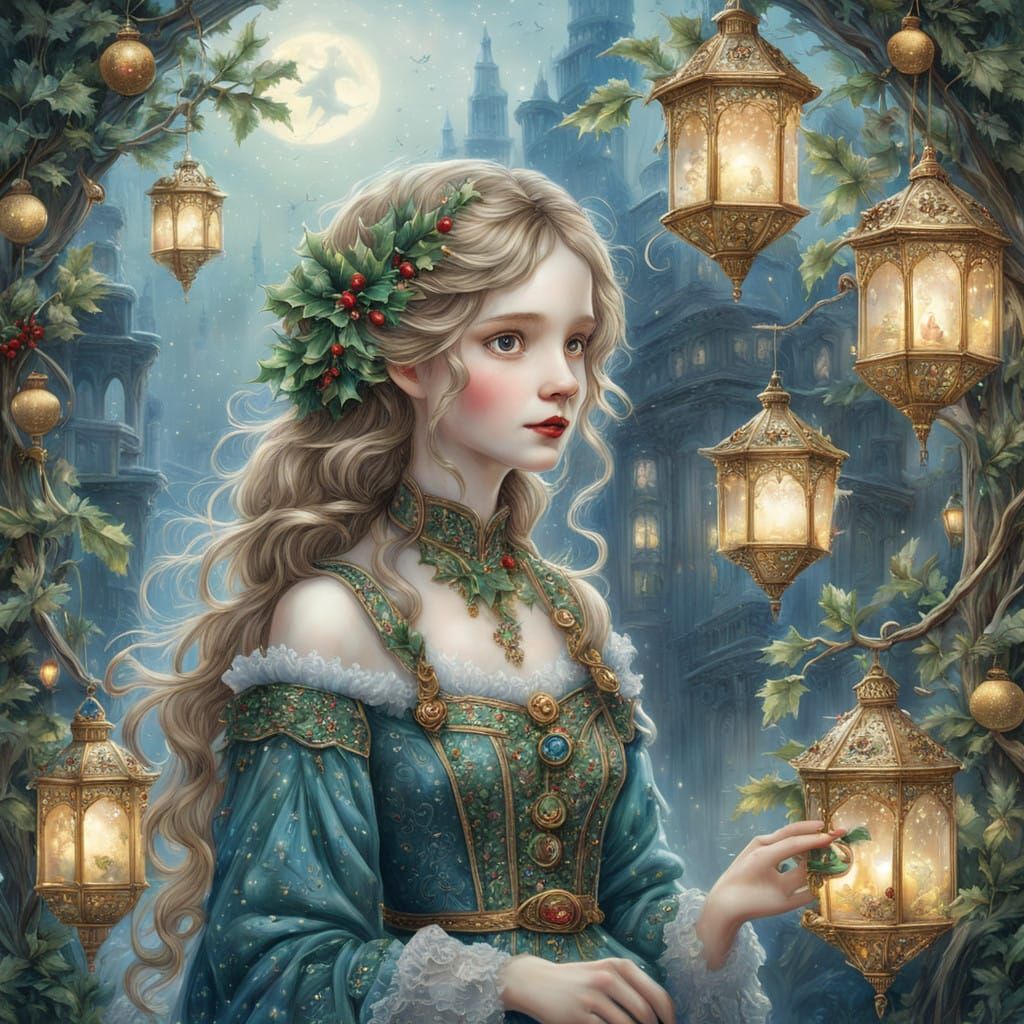 Whimsical Victorian Girl in a Dreamlike Christmas Wonderland