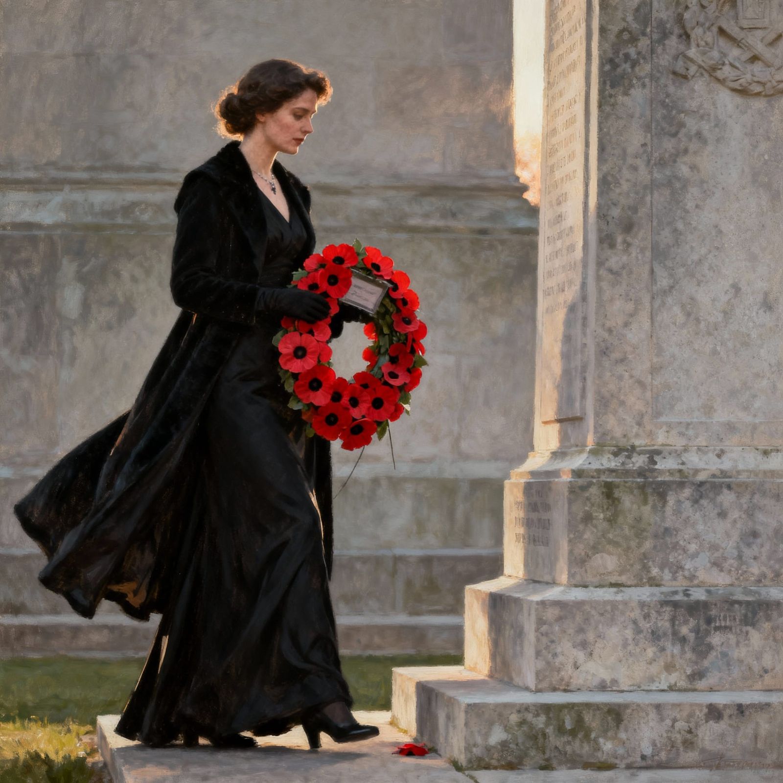 Elegant Woman with Poppy Wreath at War Memorial