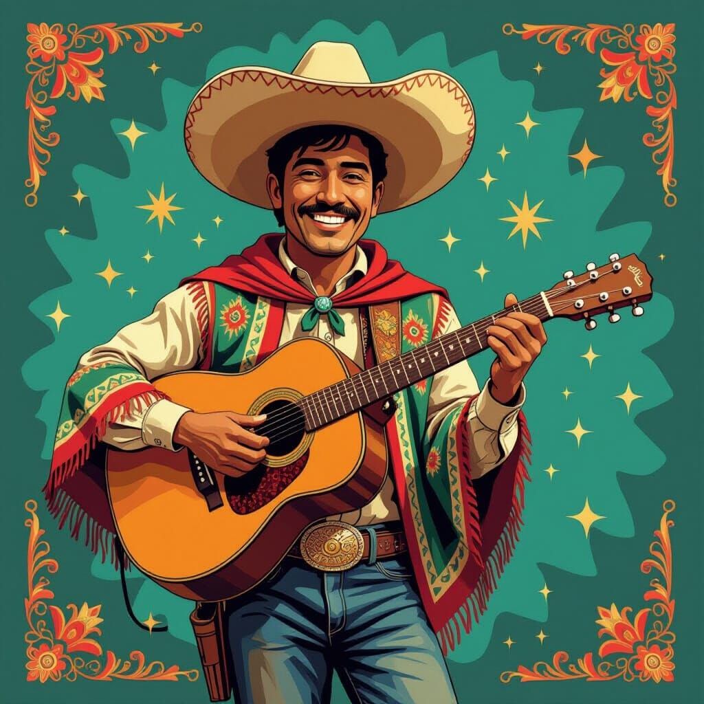 Smiling Mexican with Guitar in Comic Style
