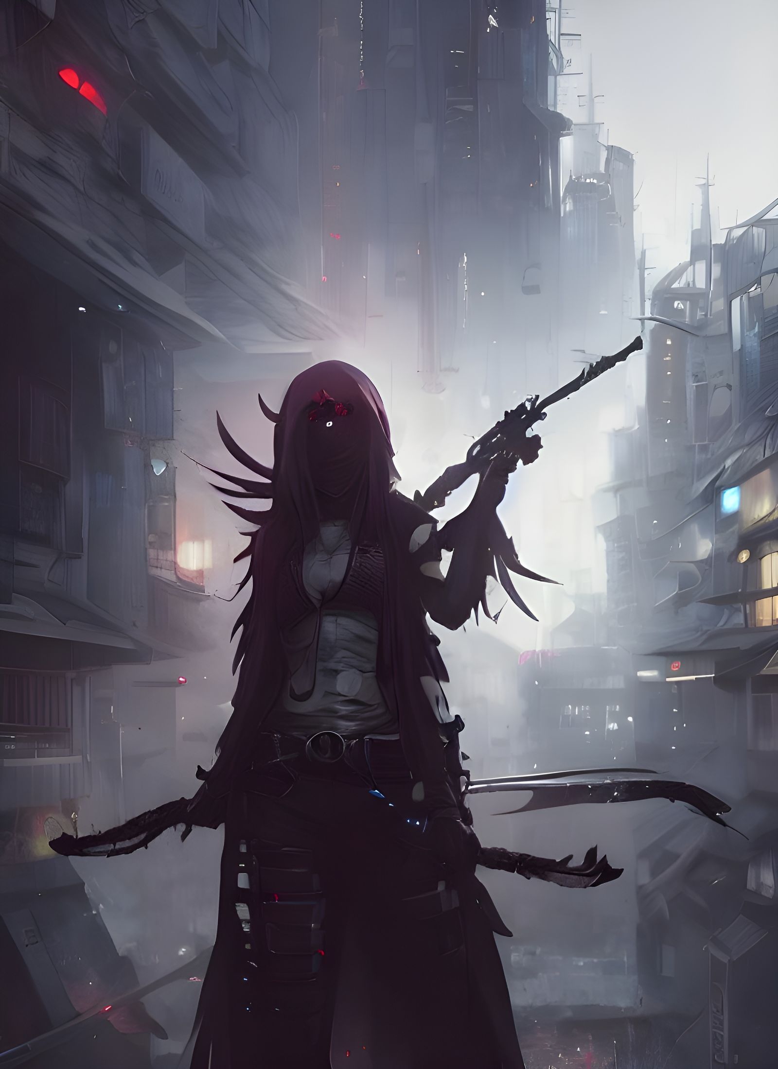 Cyberpunk Assassin with Shinigami Mask Digital Artwork