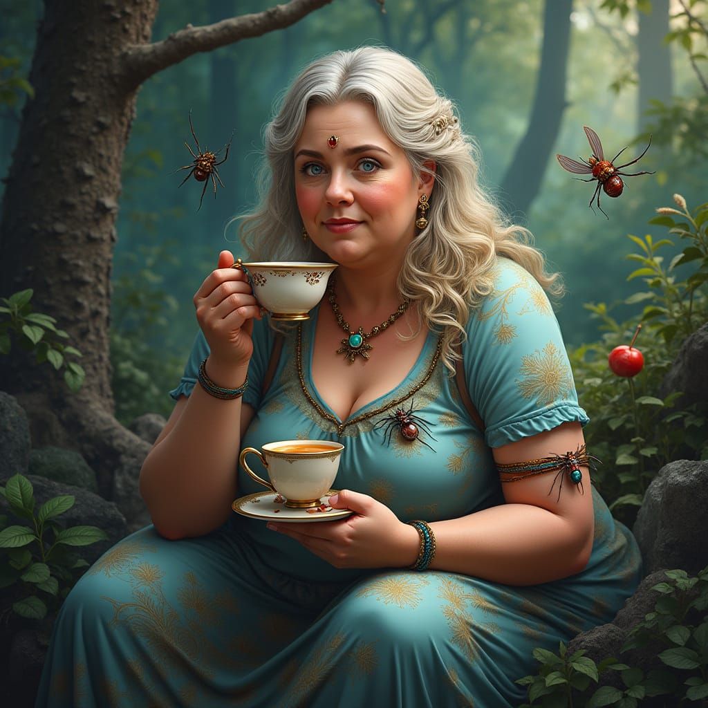 Woman Sipping Tea in Lush Fantasy Forest