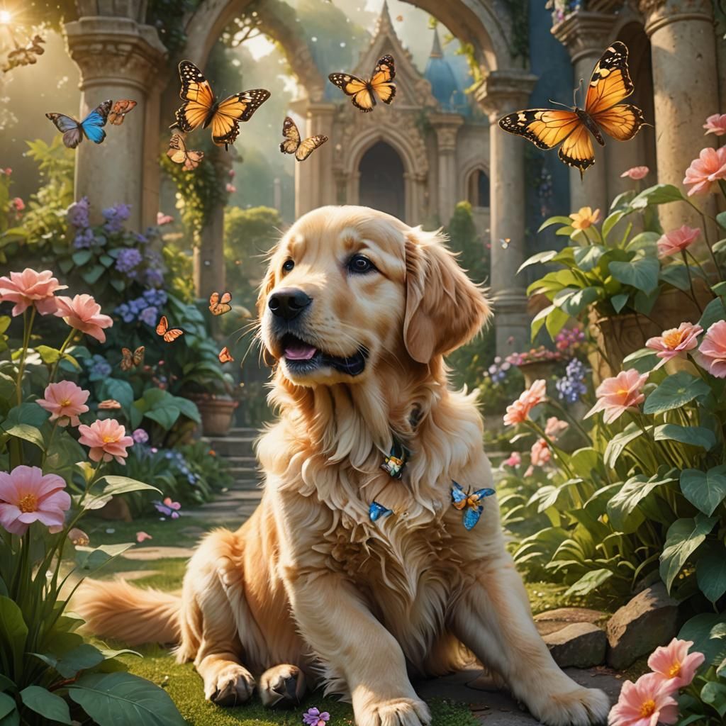 Golden Retriever Puppy in Fantasy Garden Art