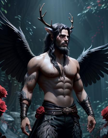 Dark Druid Faun with Rose Vines and Wings