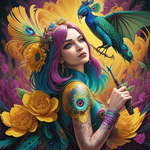 Dragon-Peacock Woman in Comic Book Style