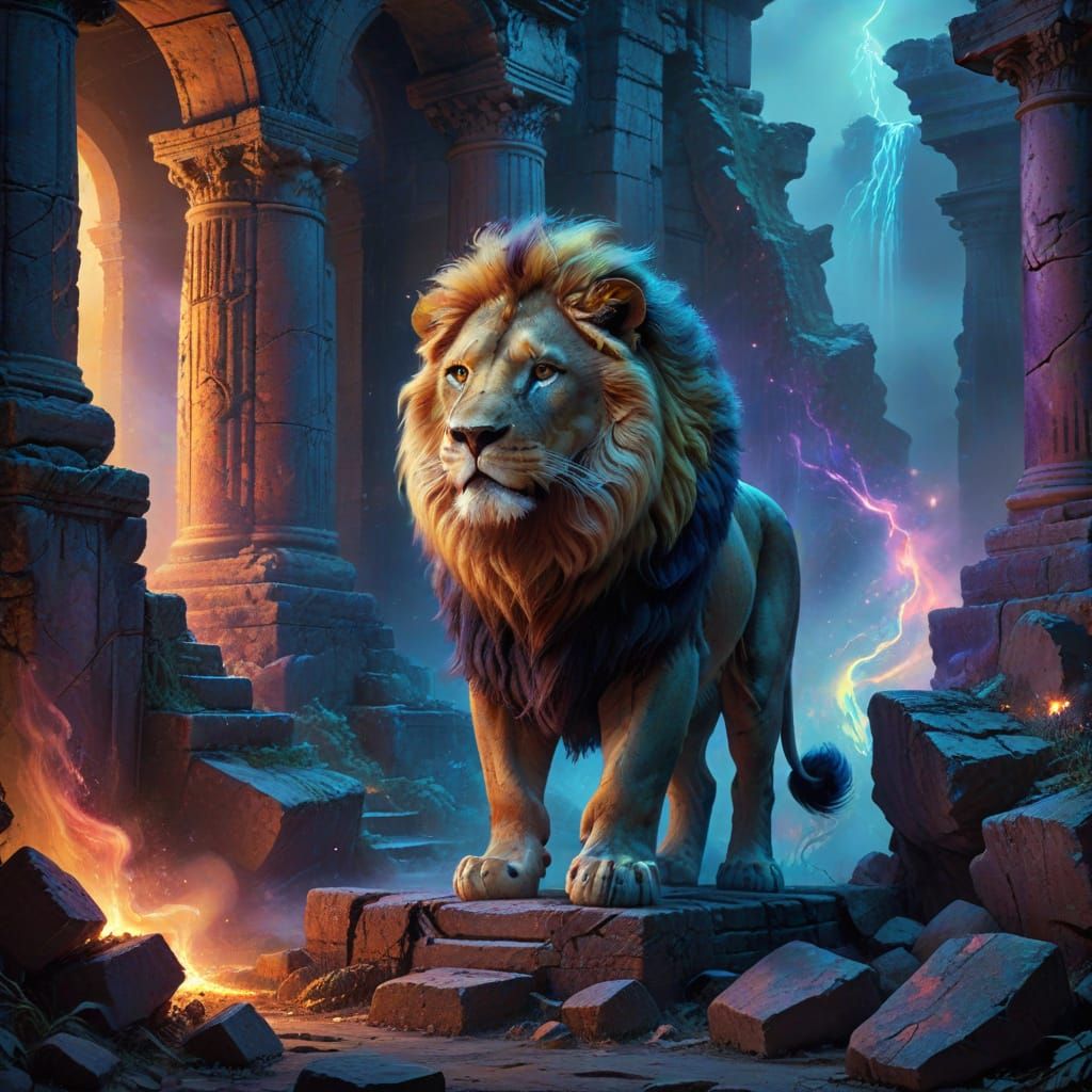 Majestic Lion Prowls Ancient Ruins in Painterly Style