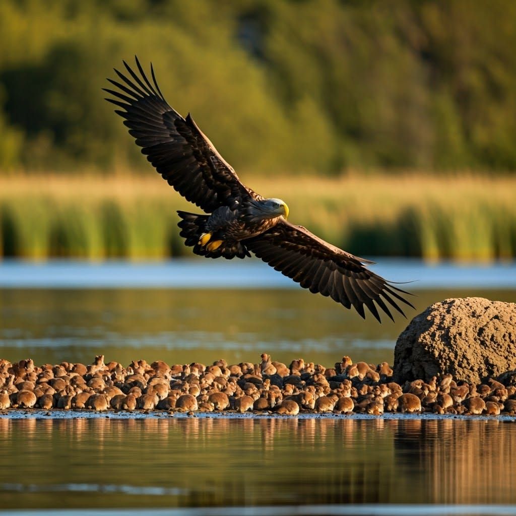 Eagle Soaring Over Lake in Golden Light