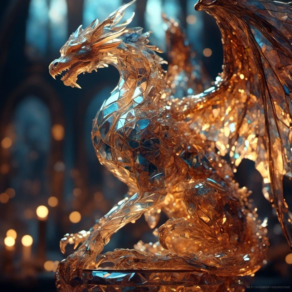 Crystal Dragon with Golden Wings in Fantasy Style