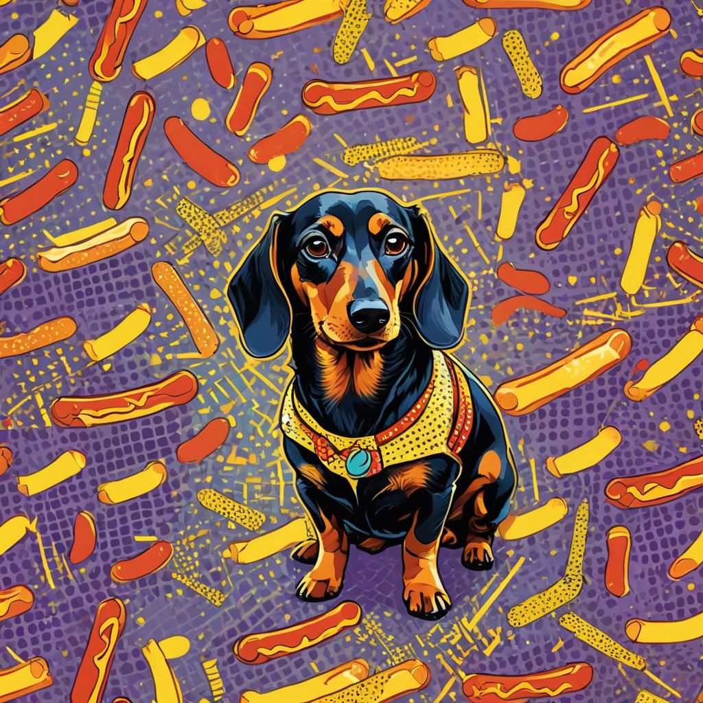Dachshund in Hotdog Costume as Pop Art