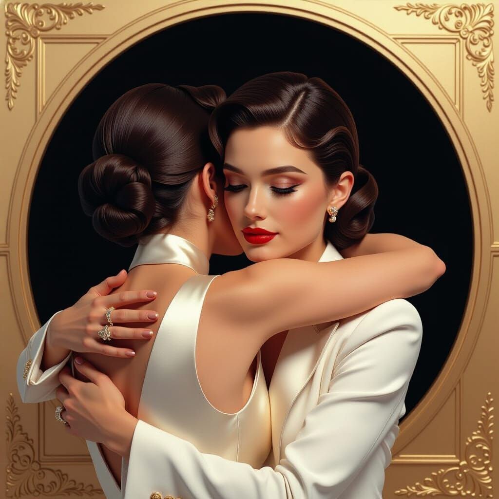 Elegant Women Embrace: Hyperrealistic 3D Art