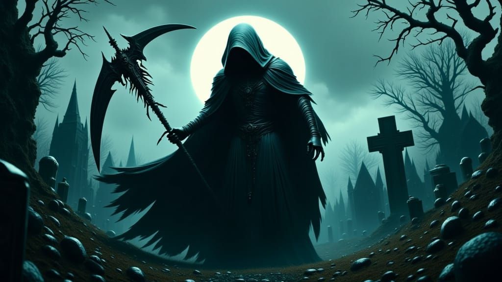 Spectral Cyberpunk Reaper in Graveyard, Dark Surrealism