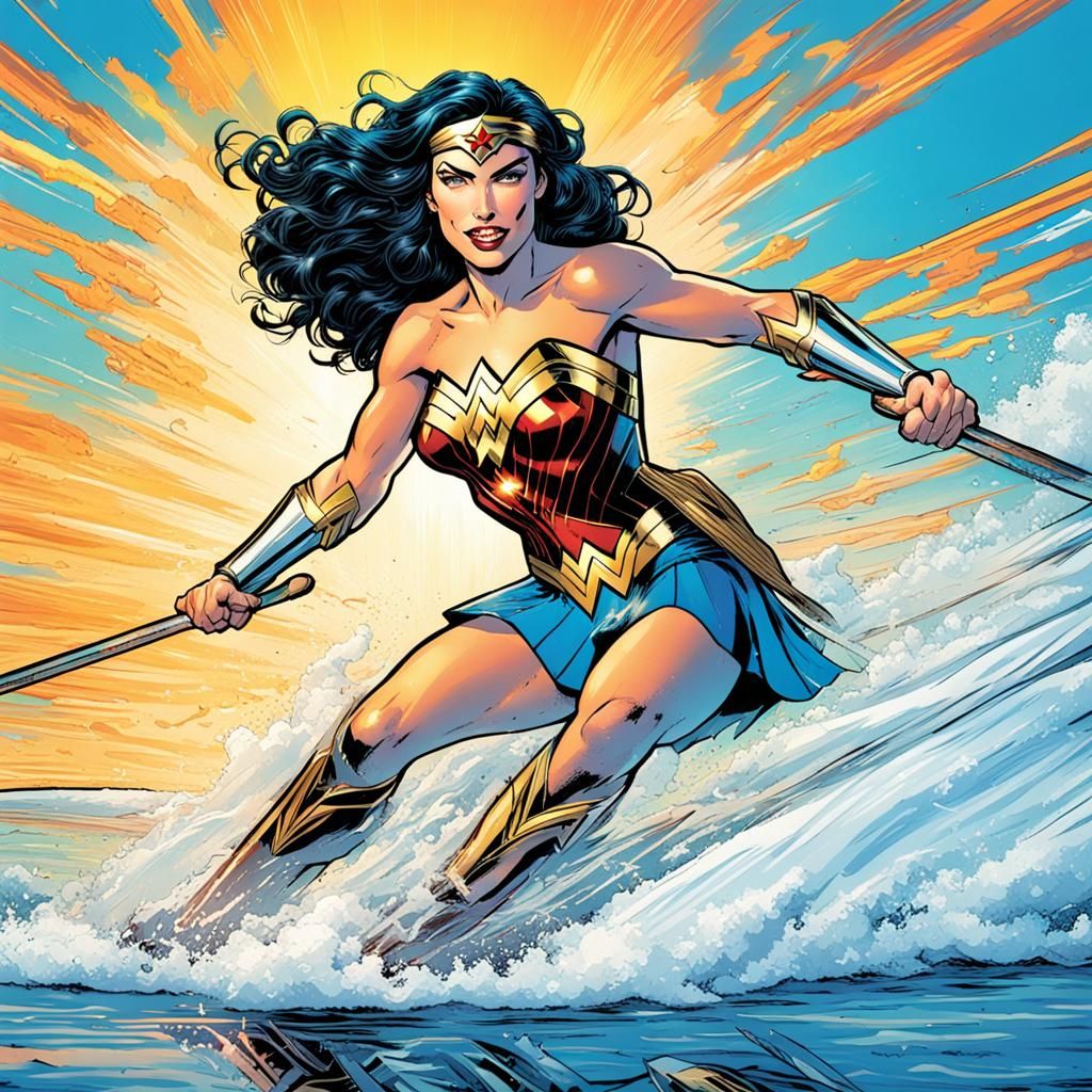 Wonder Woman Waterskiing: Comic Book Art