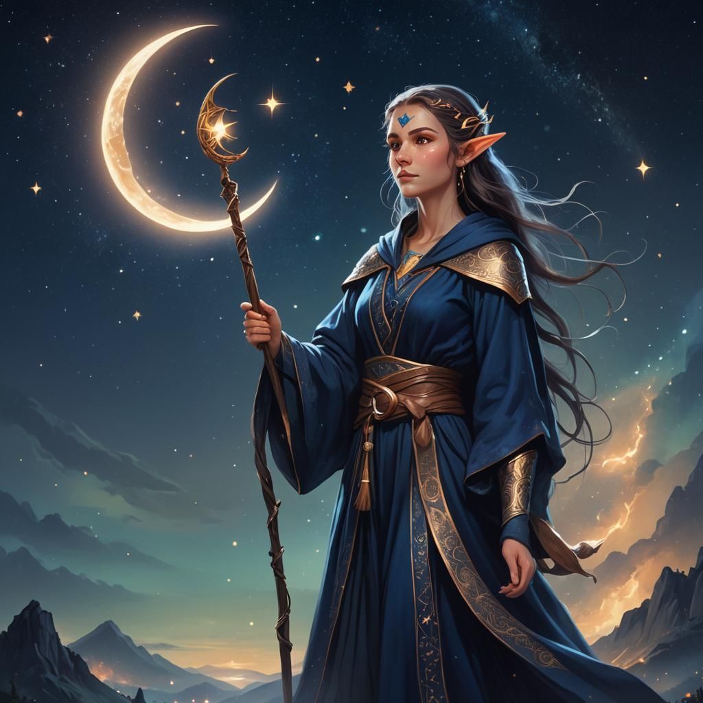 Enchanting Elf Druid with Crescent Moon Staff